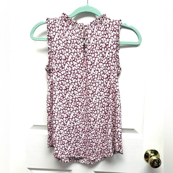 Loft Sleeveless Floral Blouse, Ruffle Neck Crew, Burgundy and White, Size XSP - Picture 3 of 7